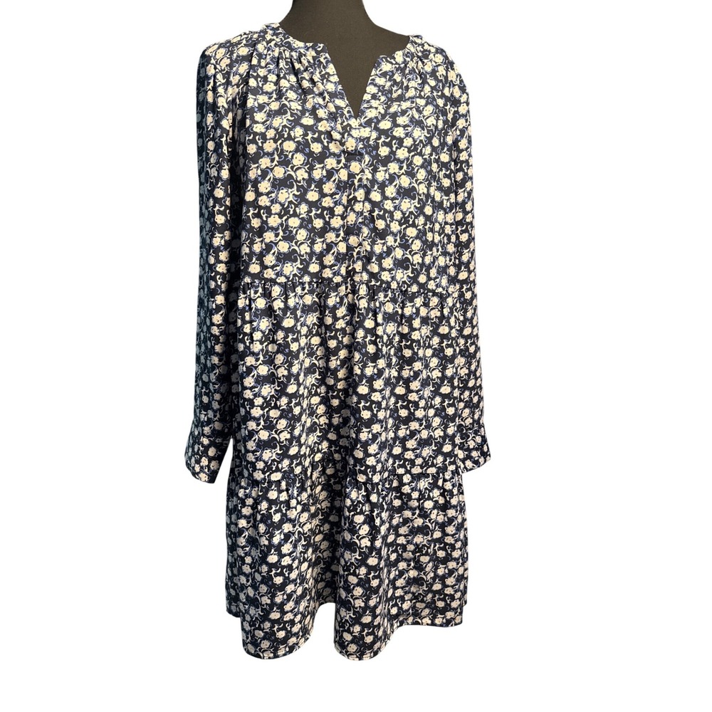 Loft Outlet Navy Blue Floral Tiered Shift Dress Long Sleeve Split Neck Large